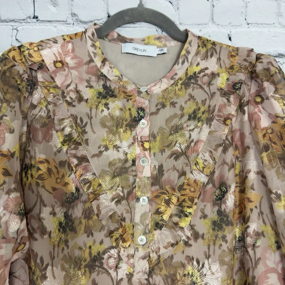 Anthropologie Greylin Bella Yoke Button Front Floral Jacquard Blouse Women's L - Picture 3 of 13